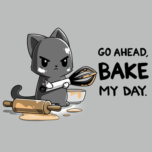 Premium Cotton T-shirt_TeeTurtle Go Ahead Bake My Day Silver Gray t-shirt featuring An angry cartoon cat holding a whisk and covered in dough stands next to a messy rolling pin and bowl with the text 