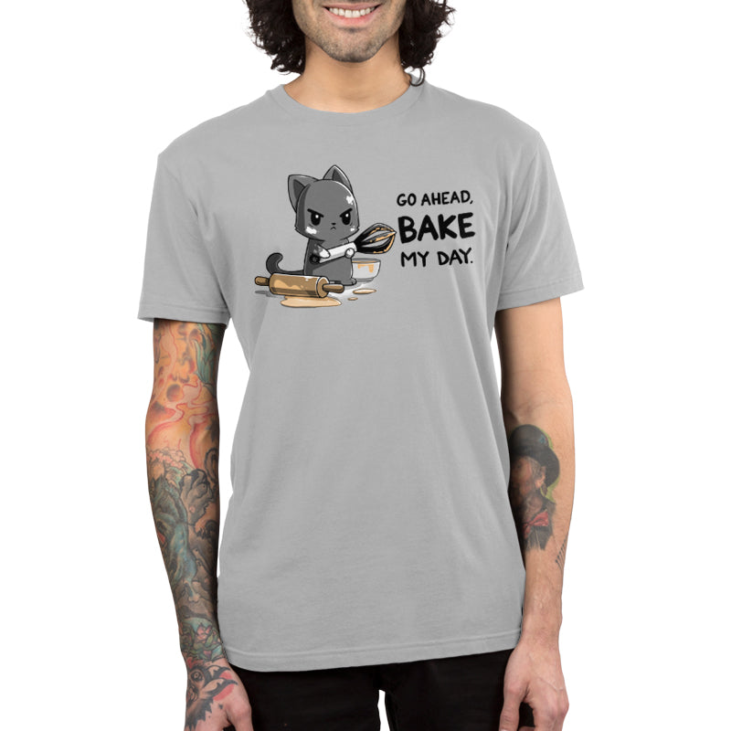 Premium Cotton T-shirt_TeeTurtle Go Ahead Bake My Day Silver Gray t-shirt featuring An angry cartoon cat holding a whisk and covered in dough stands next to a messy rolling pin and bowl with the text "Go Ahead, Bake My Day"