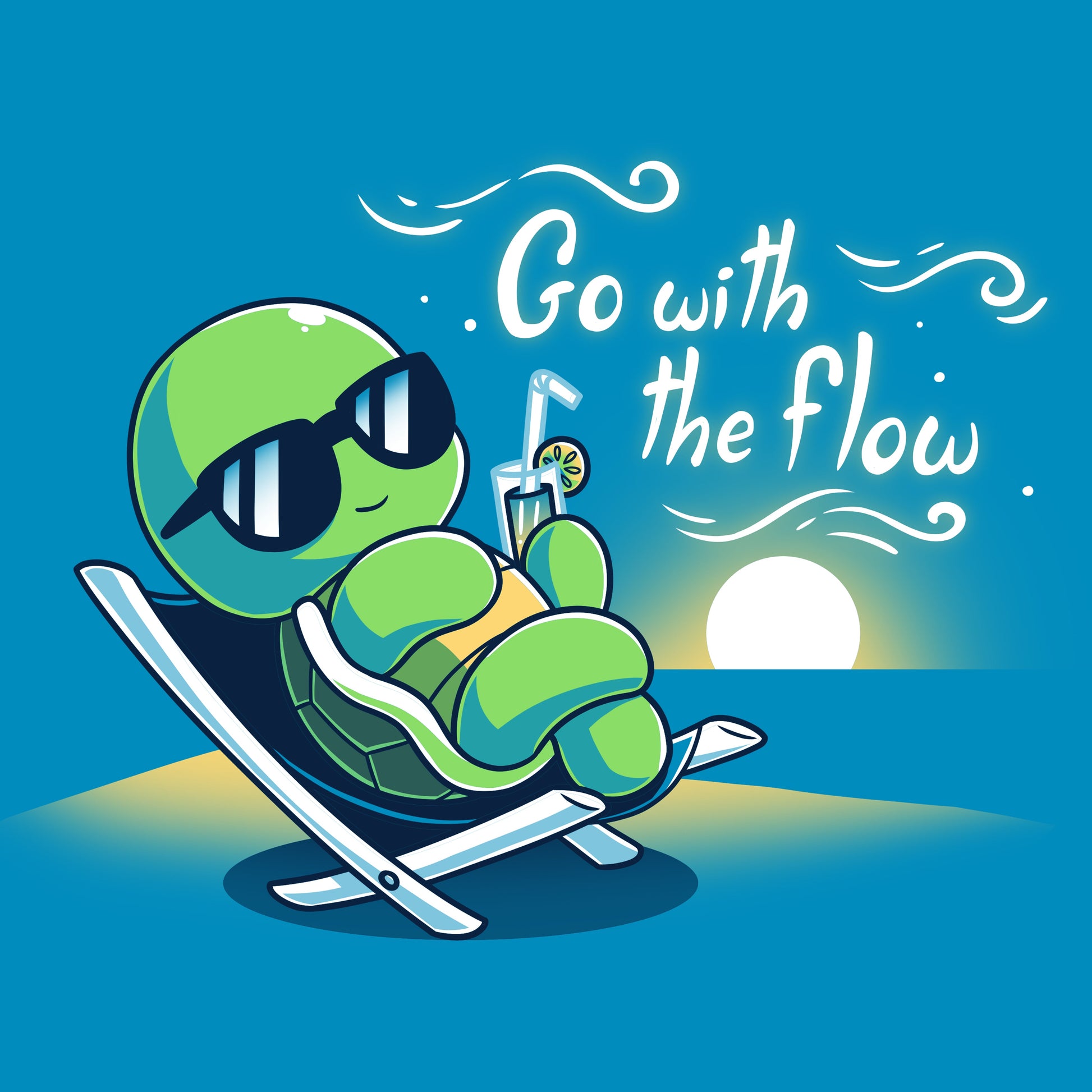 Premium Cotton T-shirt_Teeturtle Go with the Flow Cobalt Blue Featuring a turtle lounging on a beach chair with a tropical drink and sunglasses as the sun sets in the distance with the words 'Go with the Flow' to one side.