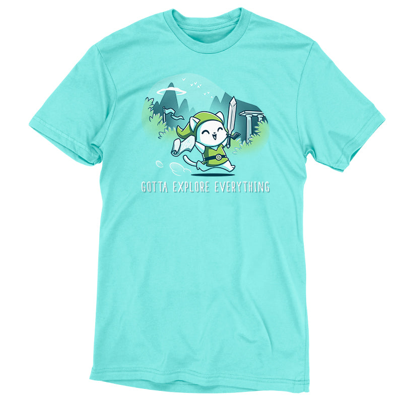 Premium Cotton T-shirt_TeeTurtle Gotta Explore Everything Caribbean Blue t-shirt featuring an excited magical cat holding a map and sword running through the mountains.