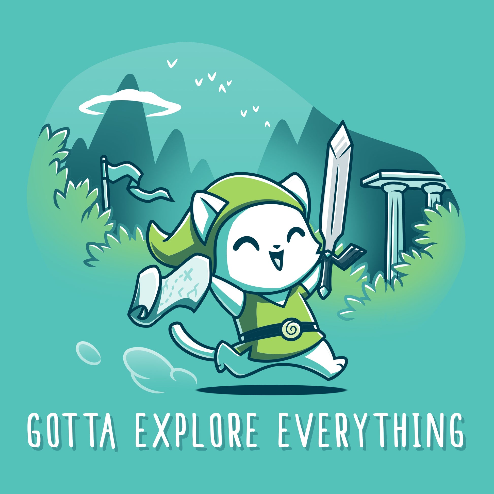 Premium Cotton T-shirt_TeeTurtle Gotta Explore Everything Caribbean Blue t-shirt featuring an excited magical cat holding a map and sword running through the mountains.