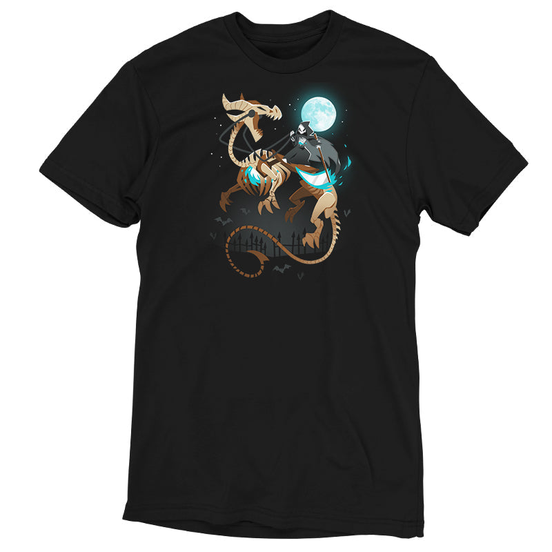 Premium Cotton T-shirt_TeeTurtle Grim Night black t-shirt featuring a grim reaper riding on a skeletal dragon under a spooky full moon. 