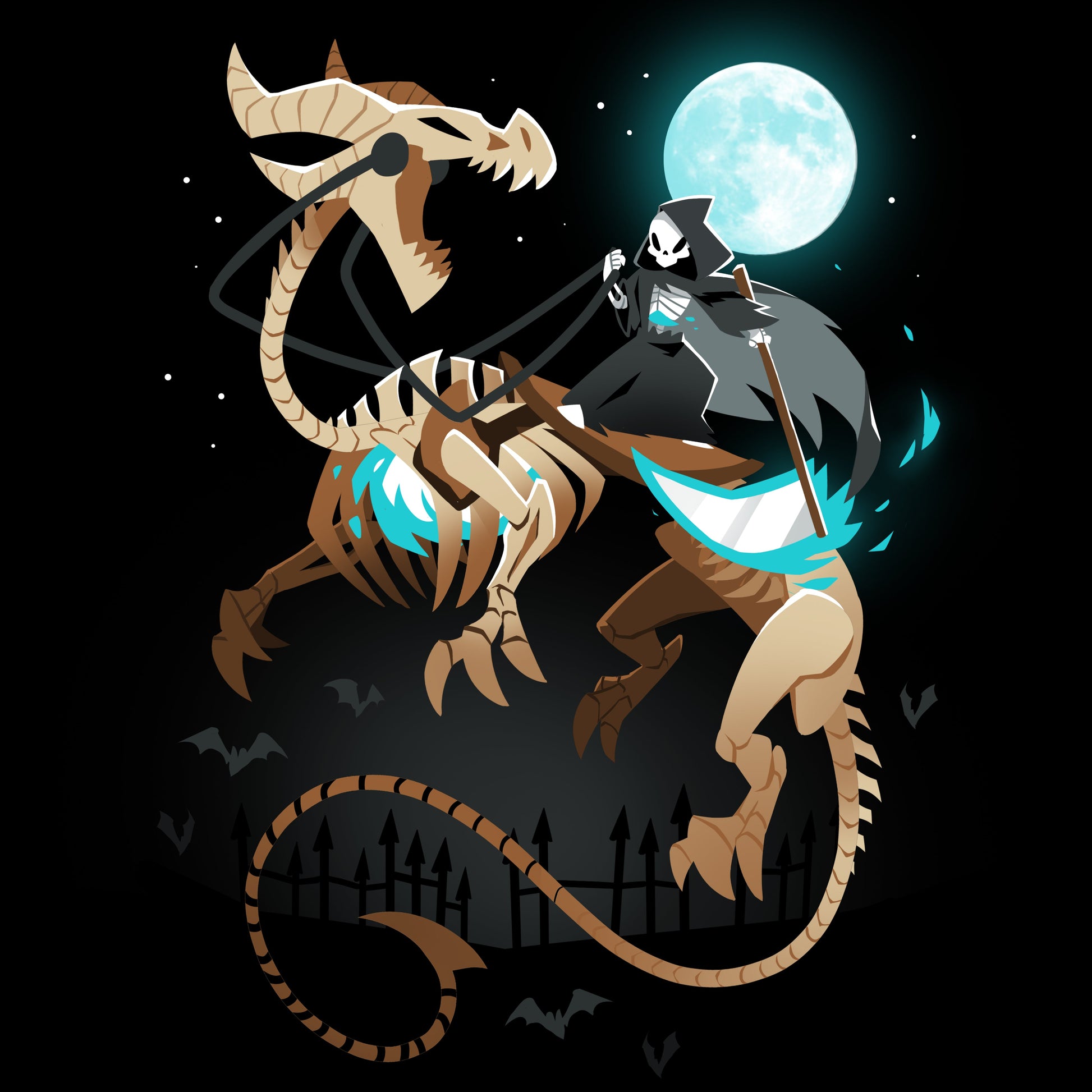 Premium Cotton T-shirt_TeeTurtle Grim Night black t-shirt featuring a grim reaper riding on a skeletal dragon under a spooky full moon. 