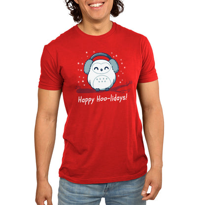 Premium Cotton T-shirt_TeeTurtle Happy Hoo-lidays red t-shirt featuring a cheerful snowy owl wearing earmuffs and sitting on a branch surrounded by falling snow.