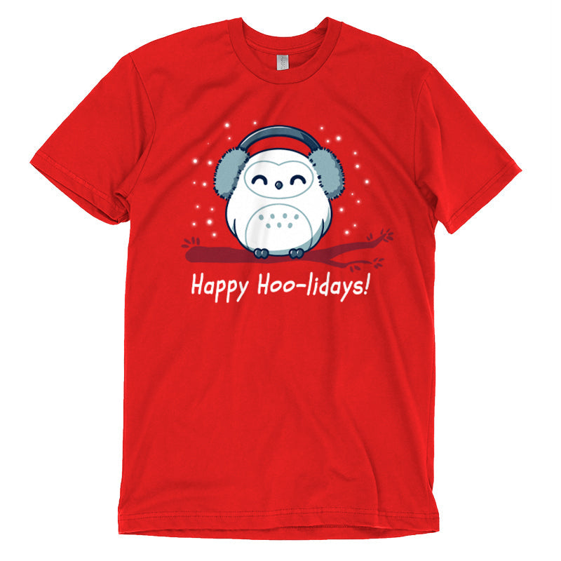 Premium Cotton T-shirt_TeeTurtle Happy Hoo-lidays red t-shirt featuring a cheerful snowy owl wearing earmuffs and sitting on a branch surrounded by falling snow.