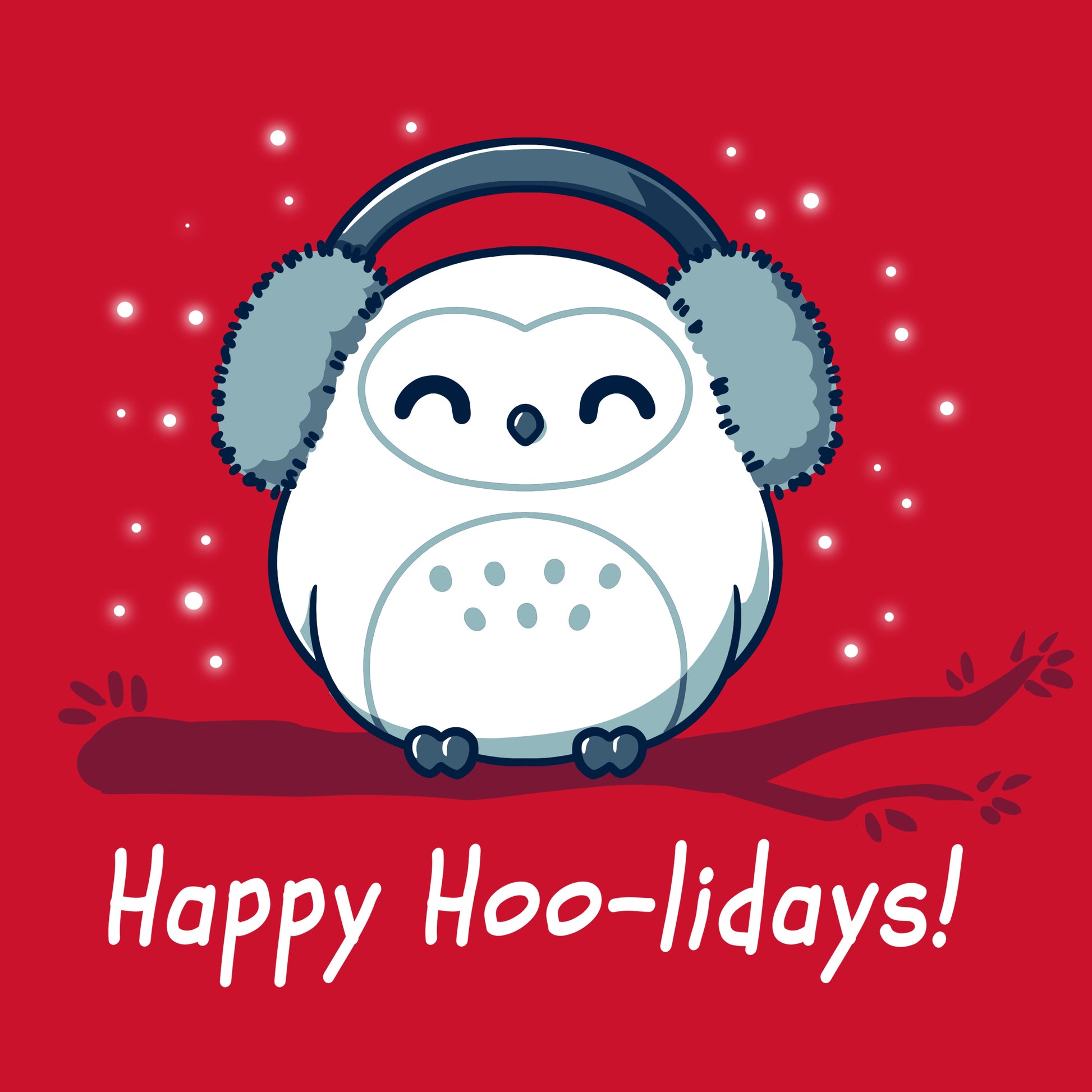 Premium Cotton T-shirt_TeeTurtle Happy Hoo-lidays red t-shirt featuring a cheerful snowy owl wearing earmuffs and sitting on a branch surrounded by falling snow.