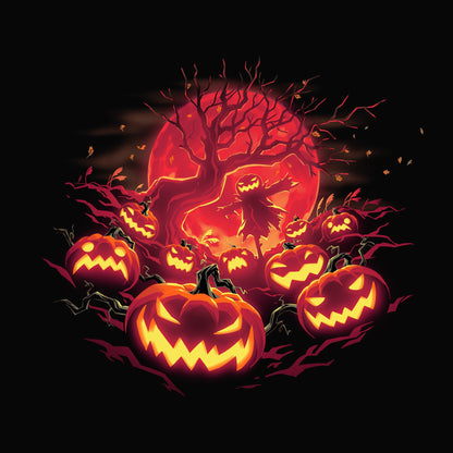 Premium Cotton T-shirt_TeeTurtle Haunted Pumpkin Patch black t-shirt featuring an illustration of glowing, orange-red jack-o-lanterns that show various expressions, such as mischievous grins and sinister scowls that surround a barren skeletal tree that reaches up out from the fiery full moon's edge.  A scarecrow with a jack-o-lantern head stands in the center of the image below the branches amongst the pumpkins.