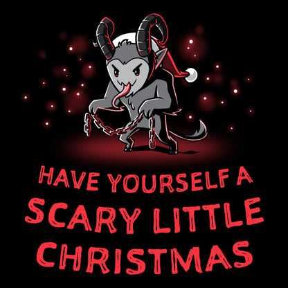 Premium Cotton T-shirt_TeeTurtle   Have Yourself a Scary Little Christmas (Krampus) black t-shirt featuring a horned creature wearing a Santa hat and holding chains, with the text "Have Yourself a Scary Little Christmas."