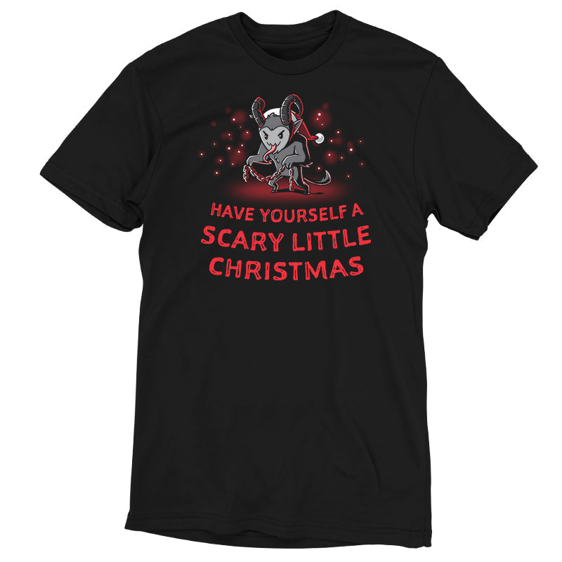 Premium Cotton T-shirt_TeeTurtle   Have Yourself a Scary Little Christmas (Krampus) black t-shirt featuring a horned creature wearing a Santa hat and holding chains, with the text "Have Yourself a Scary Little Christmas."