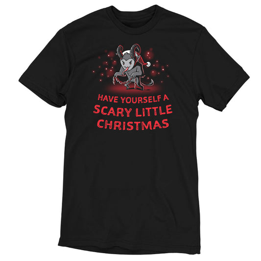 Premium Cotton T-shirt_TeeTurtle   Have Yourself a Scary Little Christmas (Krampus) black t-shirt featuring a horned creature wearing a Santa hat and holding chains, with the text 