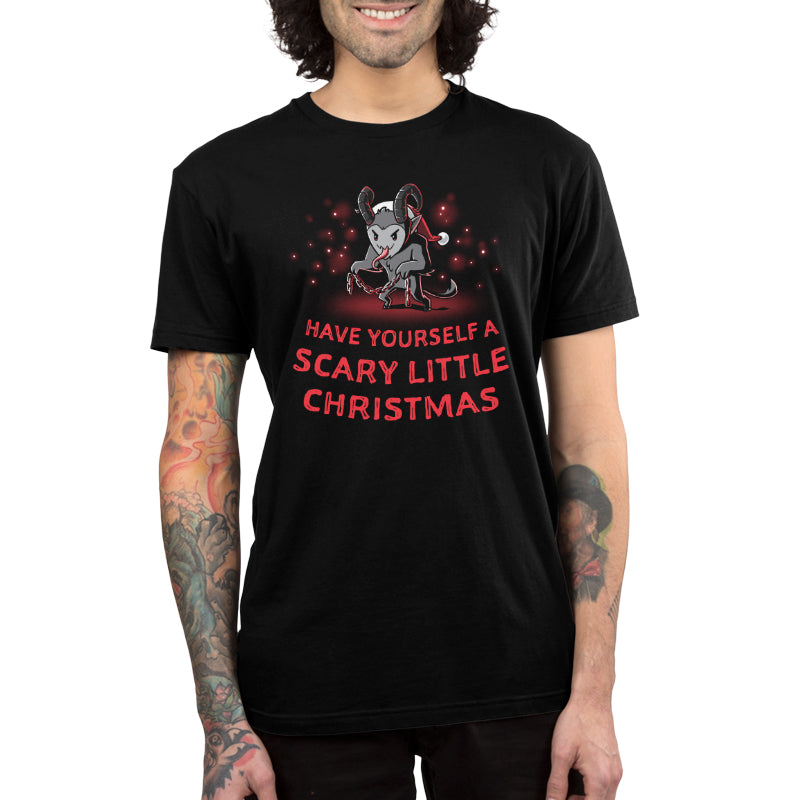 Premium Cotton T-shirt_TeeTurtle   Have Yourself a Scary Little Christmas (Krampus) black t-shirt featuring a horned creature wearing a Santa hat and holding chains, with the text "Have Yourself a Scary Little Christmas."