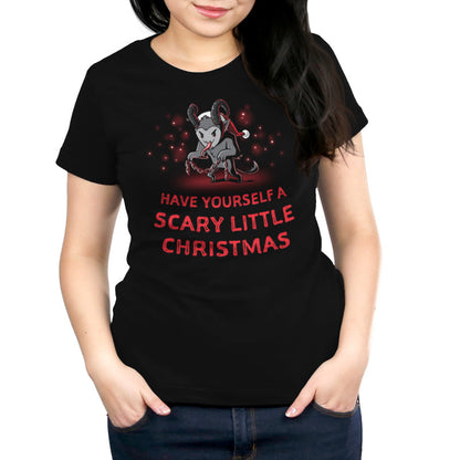 Premium Cotton T-shirt_TeeTurtle   Have Yourself a Scary Little Christmas (Krampus) black t-shirt featuring a horned creature wearing a Santa hat and holding chains, with the text "Have Yourself a Scary Little Christmas."