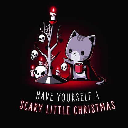 Premium Cotton T-shirt_TeeTurtle Have Yourself a Scary Little Christmas black t-shirt featuring an illustration of a gray cat holding a red coffee mug and wearing a red cape hanging skulls on a dead tree full of white skulls and spider webs and black spiders and lit white candles. "HAVE YOURSELF A SCARY LITTLE CHRISTMAS" is written underneath.