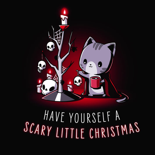 Premium Cotton T-shirt_TeeTurtle Have Yourself a Scary Little Christmas black t-shirt featuring an illustration of a gray cat holding a red coffee mug and wearing a red cape hanging skulls on a dead tree full of white skulls and spider webs and black spiders and lit white candles. 