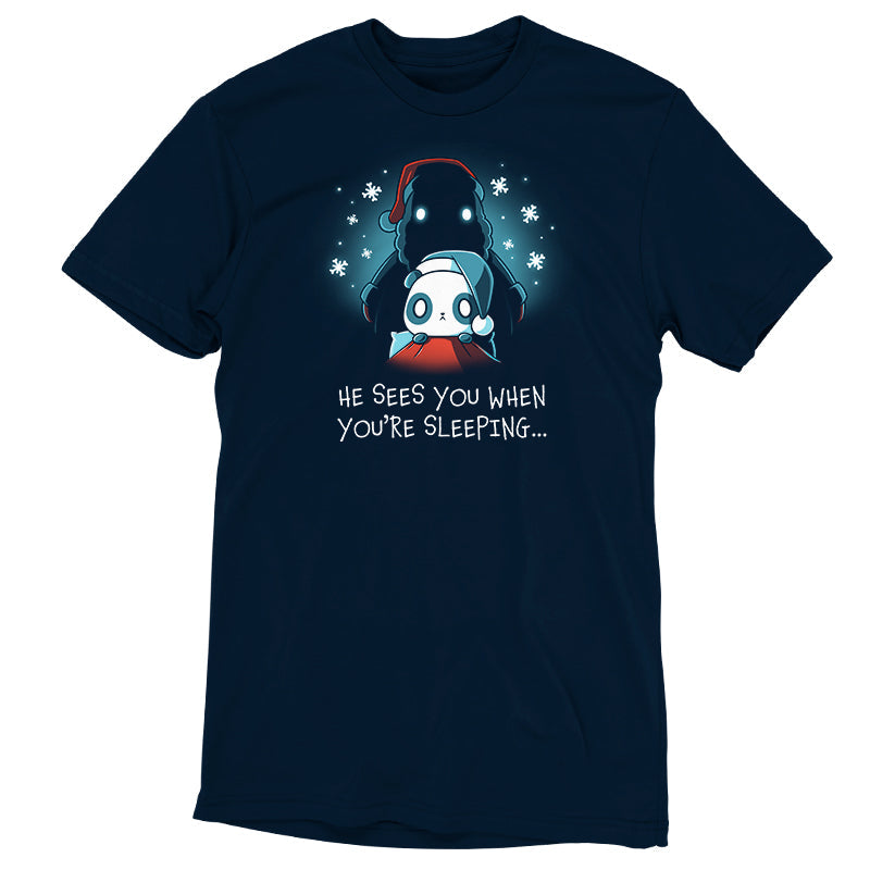 Premium Cotton T-shirt_TeeTurtle He Sees You When You're Sleeping navy blue t-shirt featuring a dark figure wearing a Santa hat with glowing eyes standing behind a worried-looking panda in bed also wearing a Santa hat. The shirt reads "He Sees You When You're Sleeping...".