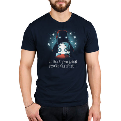 Premium Cotton T-shirt_TeeTurtle He Sees You When You're Sleeping navy blue t-shirt featuring a dark figure wearing a Santa hat with glowing eyes standing behind a worried-looking panda in bed also wearing a Santa hat. The shirt reads "He Sees You When You're Sleeping...".