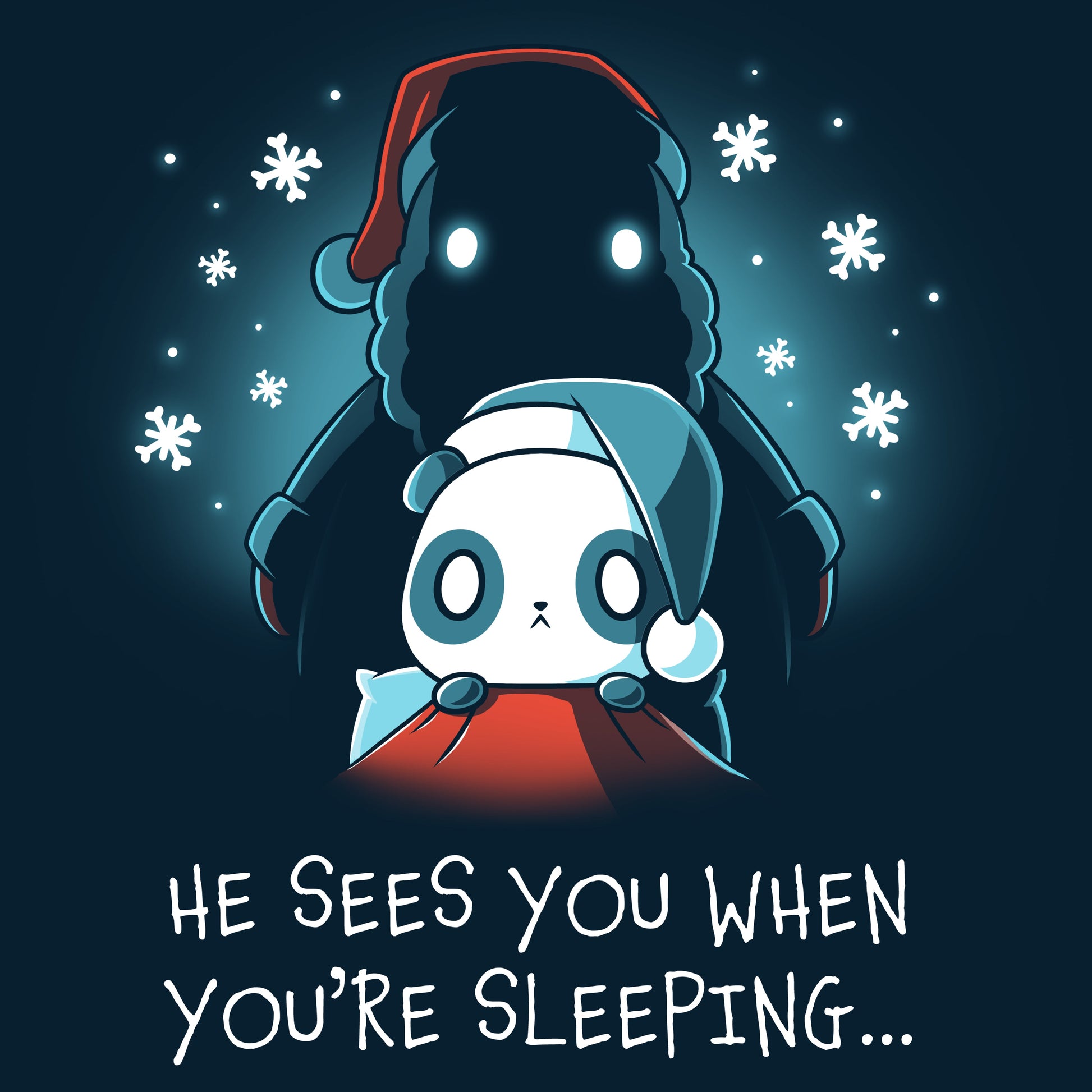 Premium Cotton T-shirt_TeeTurtle He Sees You When You're Sleeping navy blue t-shirt featuring a dark figure wearing a Santa hat with glowing eyes standing behind a worried-looking panda in bed also wearing a Santa hat. The shirt reads "He Sees You When You're Sleeping...".