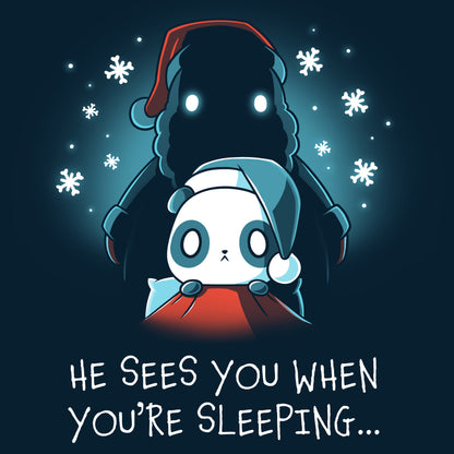 Premium Cotton T-shirt_TeeTurtle He Sees You When You're Sleeping navy blue t-shirt featuring a dark figure wearing a Santa hat with glowing eyes standing behind a worried-looking panda in bed also wearing a Santa hat. The shirt reads "He Sees You When You're Sleeping...".