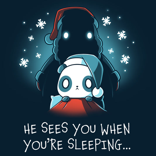 Premium Cotton T-shirt_TeeTurtle He Sees You When You're Sleeping navy blue t-shirt featuring a dark figure wearing a Santa hat with glowing eyes standing behind a worried-looking panda in bed also wearing a Santa hat. The shirt reads 