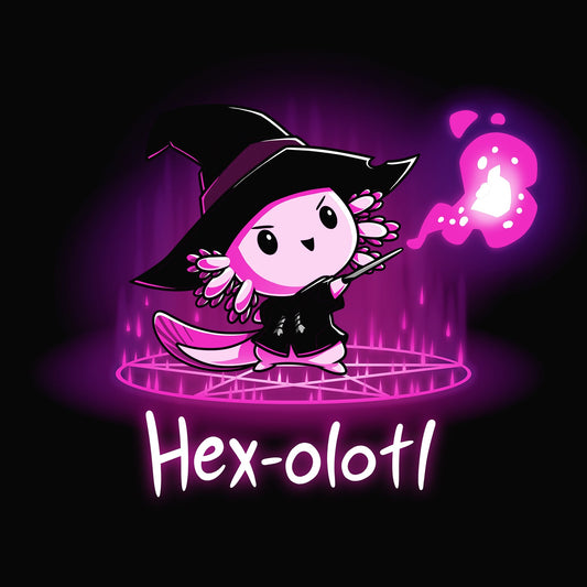 Premium Cotton T-shirt_TeeTurtle Hex-olotl black t-shirt featuring an illustration of a cartoon axolotl witch wearing a black witch's hat and black robe holding a wand and casting a spell with vibrant pink/purple magical energy emanating from the wand while standing on a pentagram with 