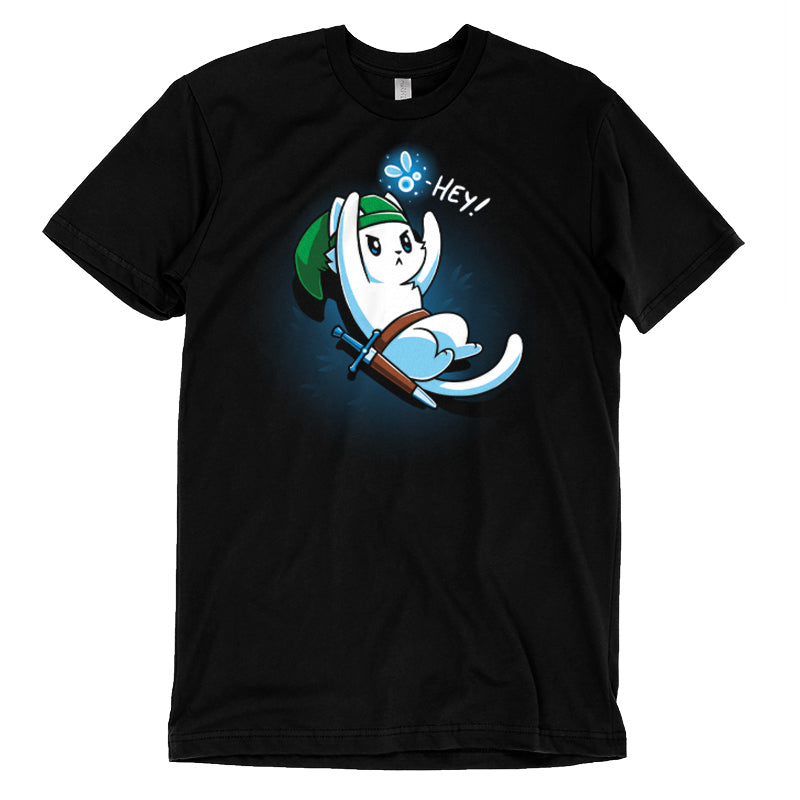  Premium Cotton T-shirt_A cartoon white cat dressed as a warrior with a green hat, holding a sword, looks up on this black monsterdigital apparel. An animated creature above its head says "Hey!" in this super soft ringspun cotton tee.