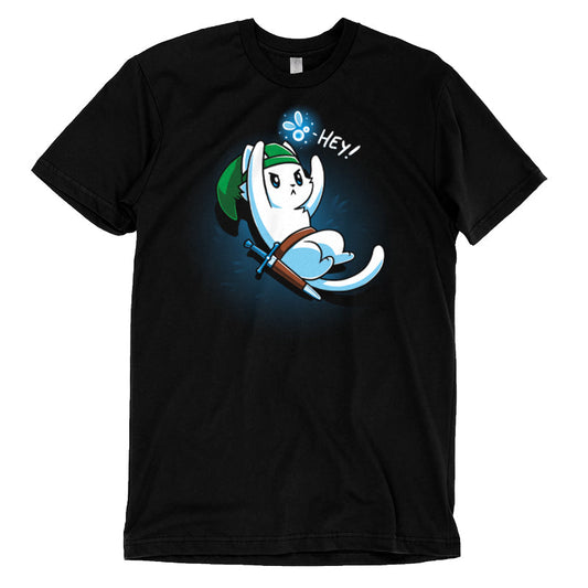  Premium Cotton T-shirt_A cartoon white cat dressed as a warrior with a green hat, holding a sword, looks up on this black monsterdigital apparel. An animated creature above its head says 