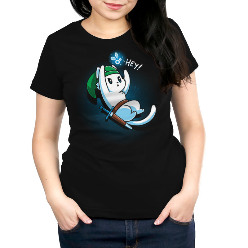  Premium Cotton T-shirt_A cartoon white cat dressed as a warrior with a green hat, holding a sword, looks up on this black monsterdigital apparel. An animated creature above its head says "Hey!" in this super soft ringspun cotton tee.