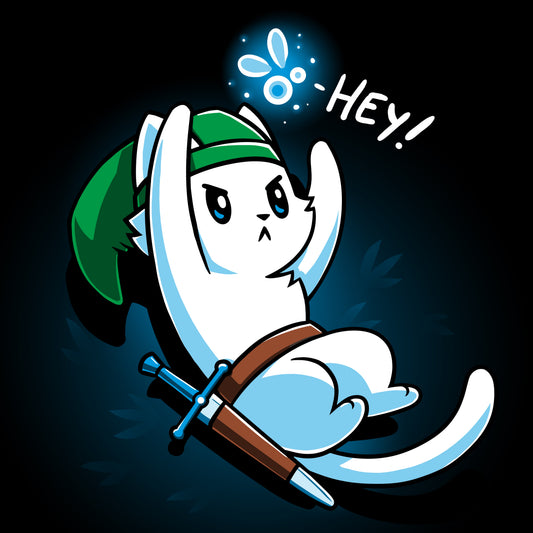 Premium Cotton T-shirt_A cartoon white cat dressed as a warrior with a green hat, holding a sword, looks up on this black monsterdigital apparel. An animated creature above its head says 