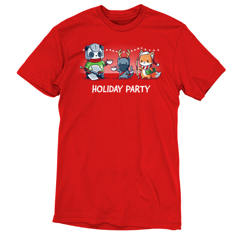 Premium Cotton T-shirt_TeeTurtle Holiday Party red t-shirt featuring a panda, cat, and fox dressed in their class gear with Christmas apparel over top. 
