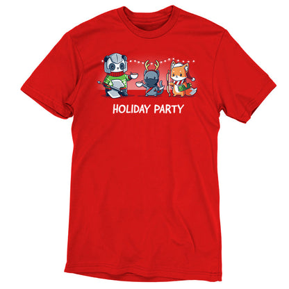 Premium Cotton T-shirt_TeeTurtle Holiday Party red t-shirt featuring a panda, cat, and fox dressed in their class gear with Christmas apparel over top. 
