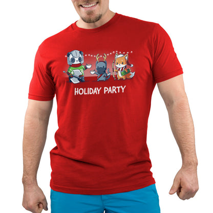 Premium Cotton T-shirt_TeeTurtle Holiday Party red t-shirt featuring a panda, cat, and fox dressed in their class gear with Christmas apparel over top. 
