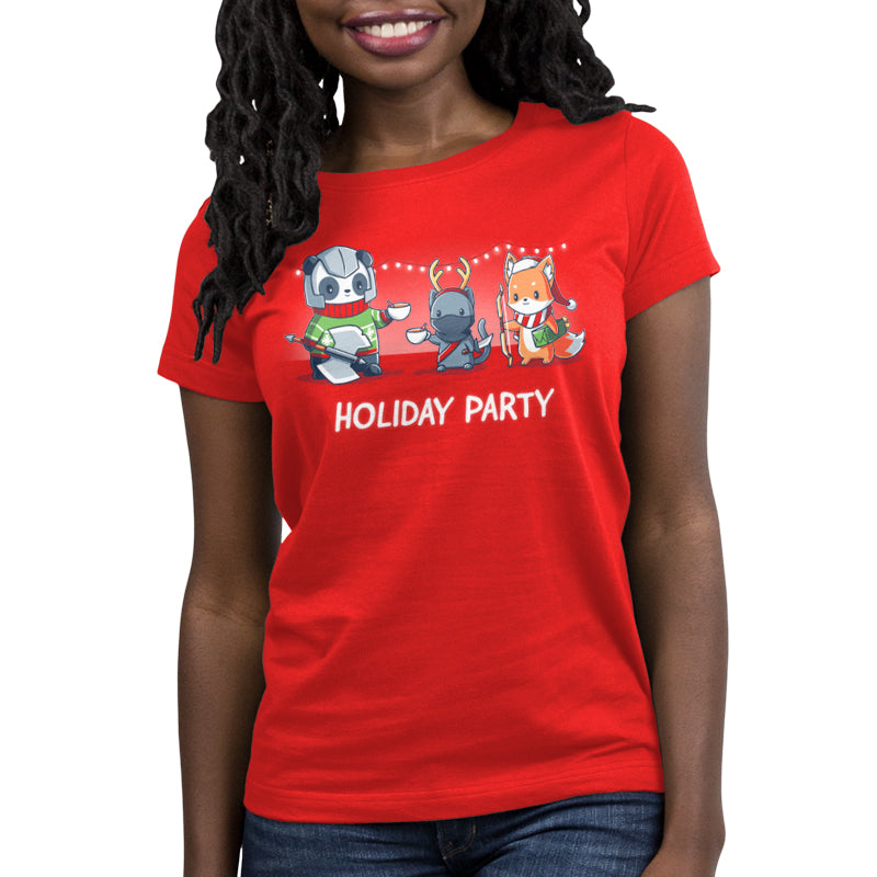 Premium Cotton T-shirt_TeeTurtle Holiday Party red t-shirt featuring a panda, cat, and fox dressed in their class gear with Christmas apparel over top. 
