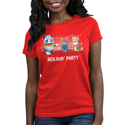 Premium Cotton T-shirt_TeeTurtle Holiday Party red t-shirt featuring a panda, cat, and fox dressed in their class gear with Christmas apparel over top. 
