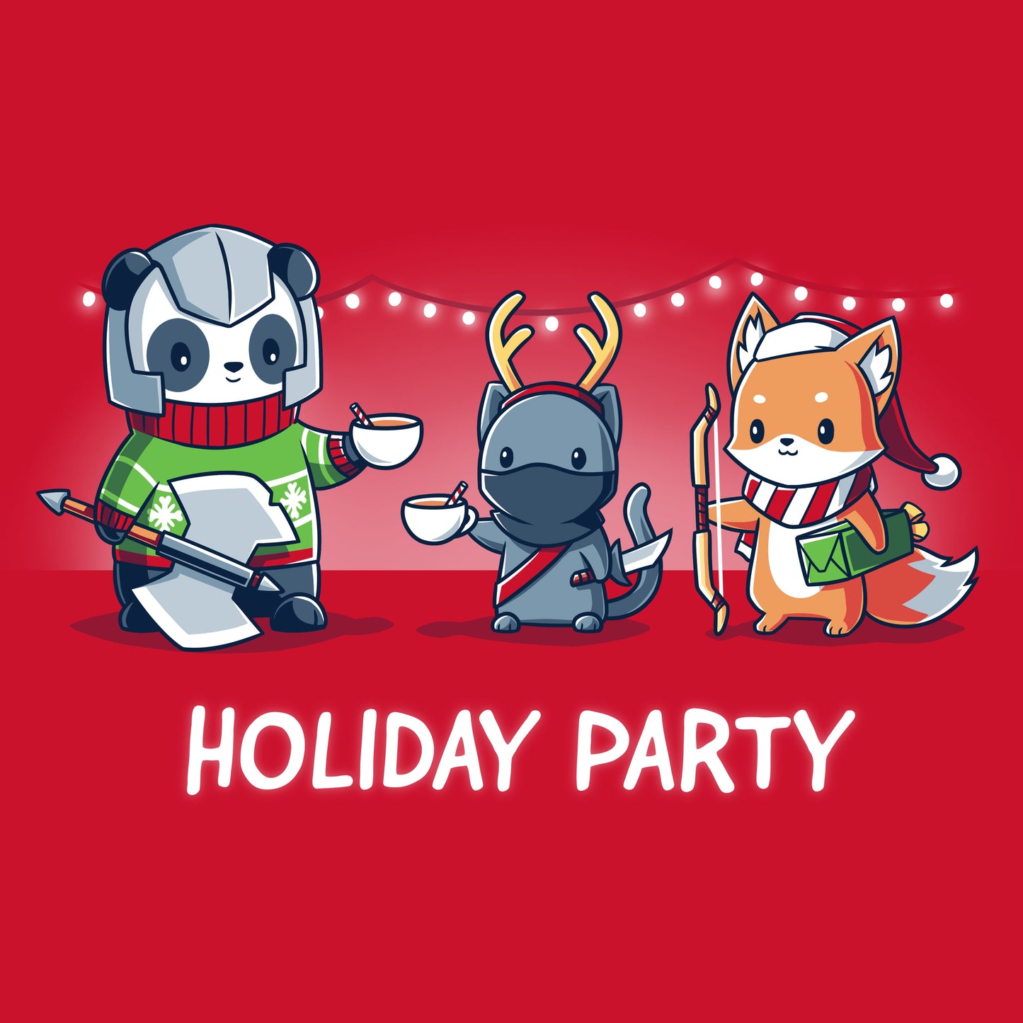 Premium Cotton T-shirt_TeeTurtle Holiday Party red t-shirt featuring a panda, cat, and fox dressed in their class gear with Christmas apparel over top. 
