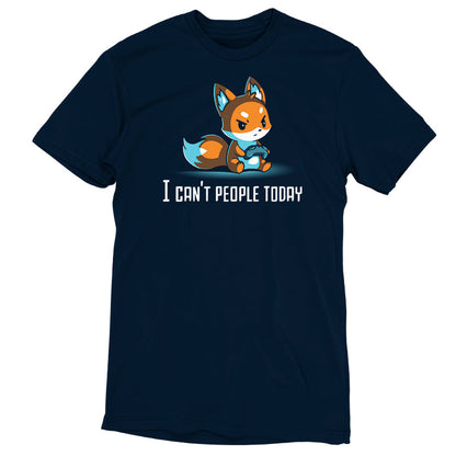 Premium Cotton T-shirt_TeeTurtle I Can't People Today navy blue t-shirt featuring an annoyed fox holding a video game controller with the text "I can't people today" below.