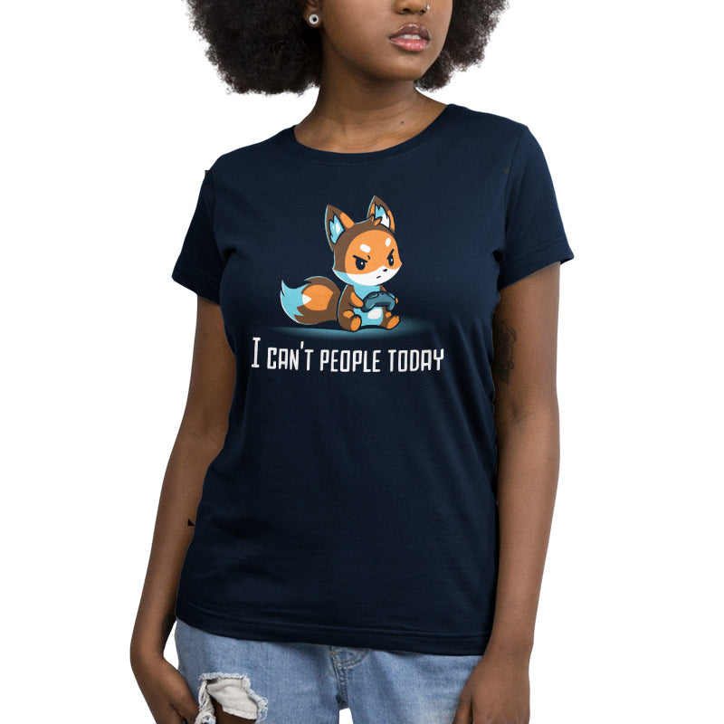 Premium Cotton T-shirt_TeeTurtle I Can't People Today navy blue t-shirt featuring an annoyed fox holding a video game controller with the text "I can't people today" below.