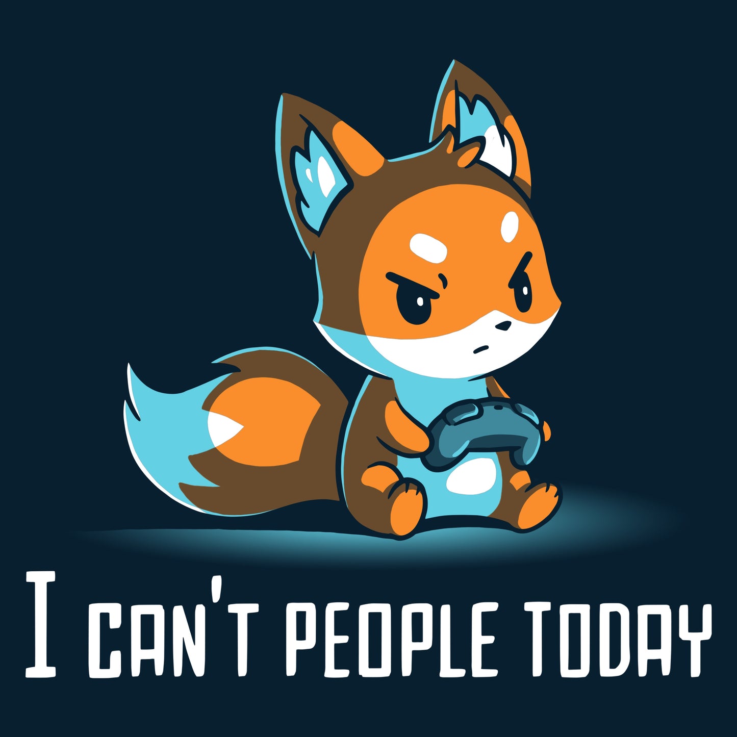 Premium Cotton T-shirt_TeeTurtle I Can't People Today navy blue t-shirt featuring an annoyed fox holding a video game controller with the text "I can't people today" below.