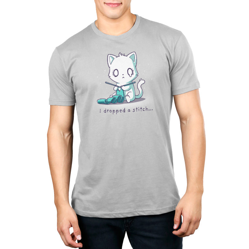 Premium Cotton T-shirt_Teeturtle I Dropped a Stitch silver gray t-shirt featuring a crafing white cat looking shocked and crying while knitting with the words 'I dropped a stitch...' beneath.