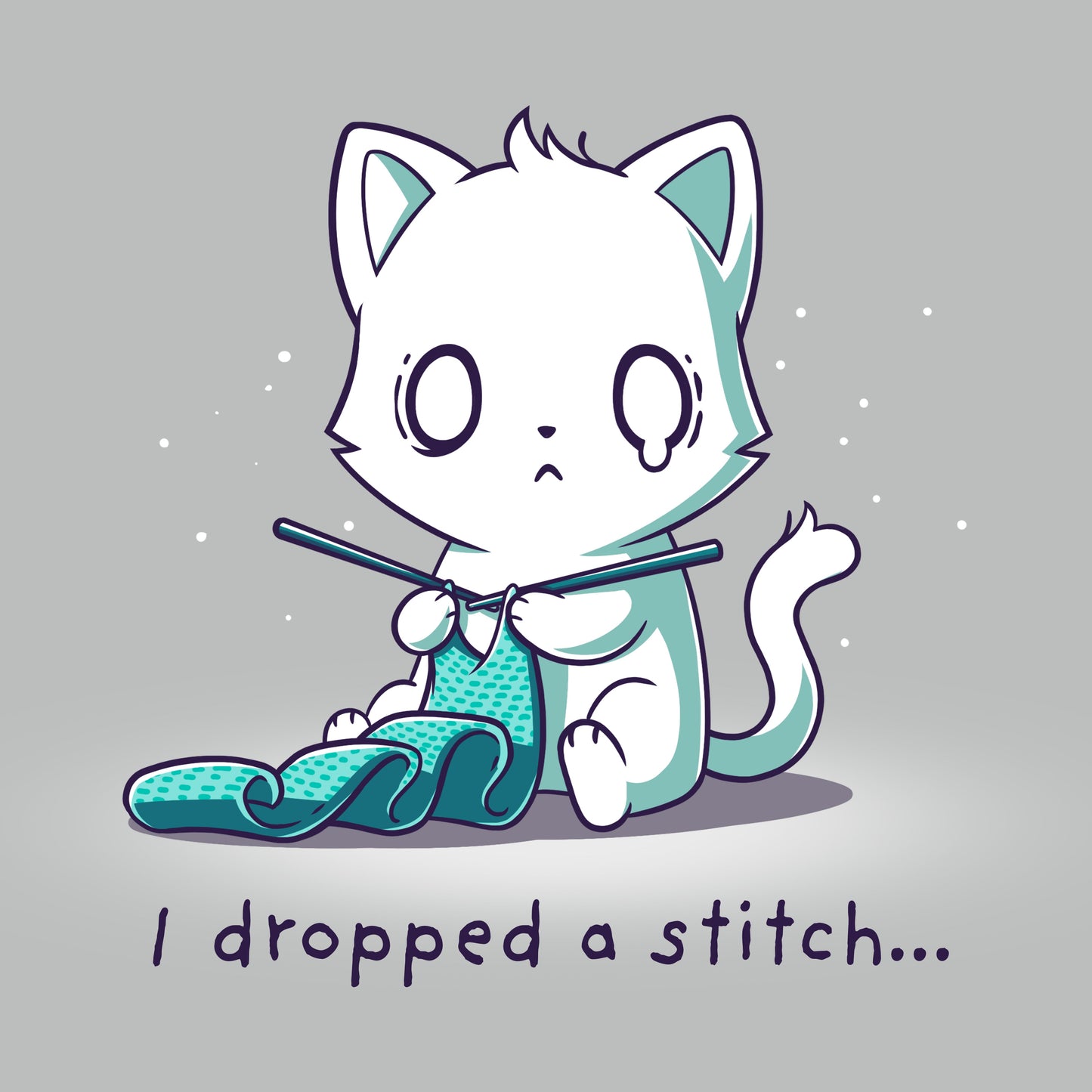 Premium Cotton T-shirt_Teeturtle I Dropped a Stitch silver gray t-shirt featuring a crafing white cat looking shocked and crying while knitting with the words 'I dropped a stitch...' beneath.