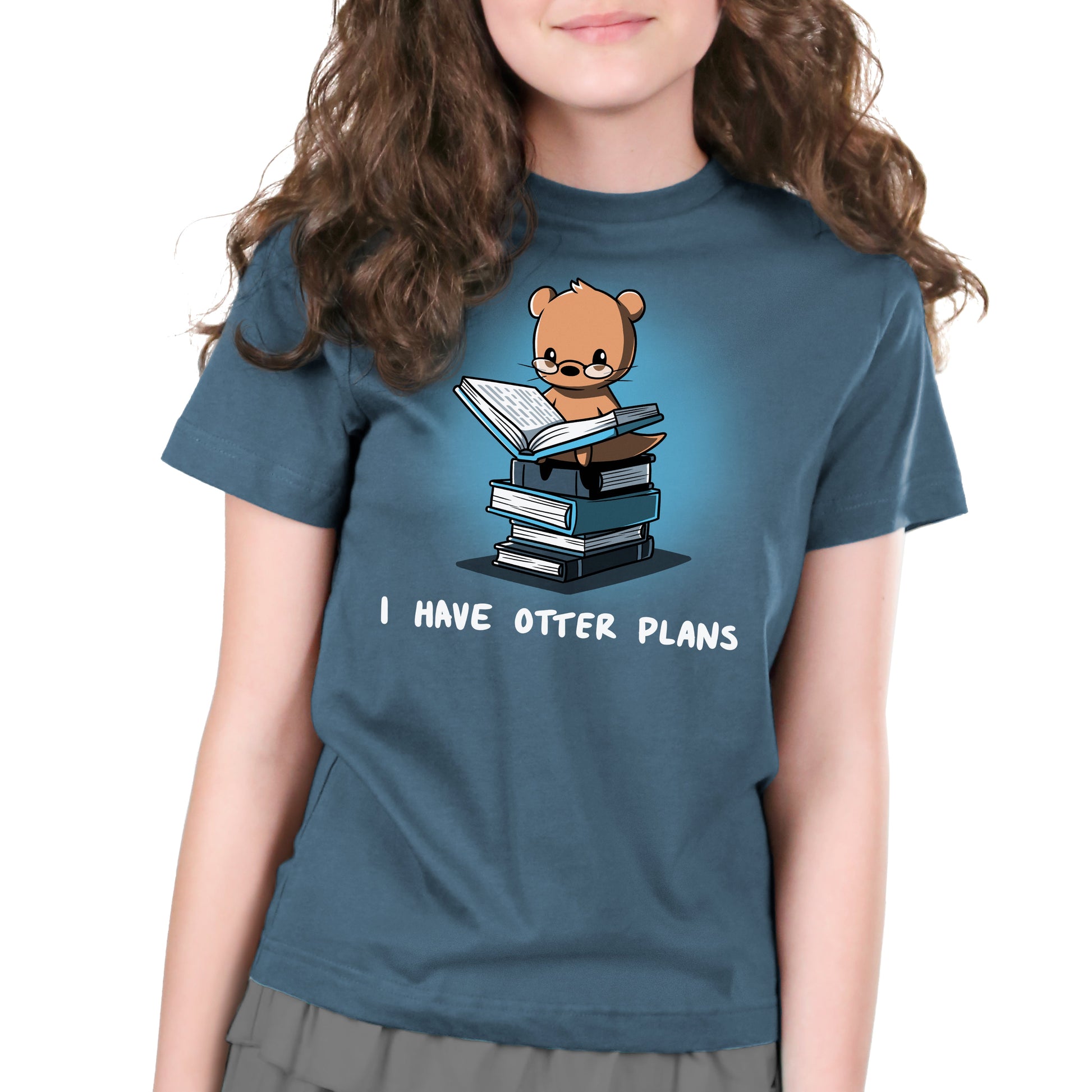 Premium Cotton T-shirt_Teeturtle I Have Otter Plans denim t-shirt featuring a studious-looking otter in reading glasses sitting on a pile of books while reading one with 'I Have Otter Plans' written below.