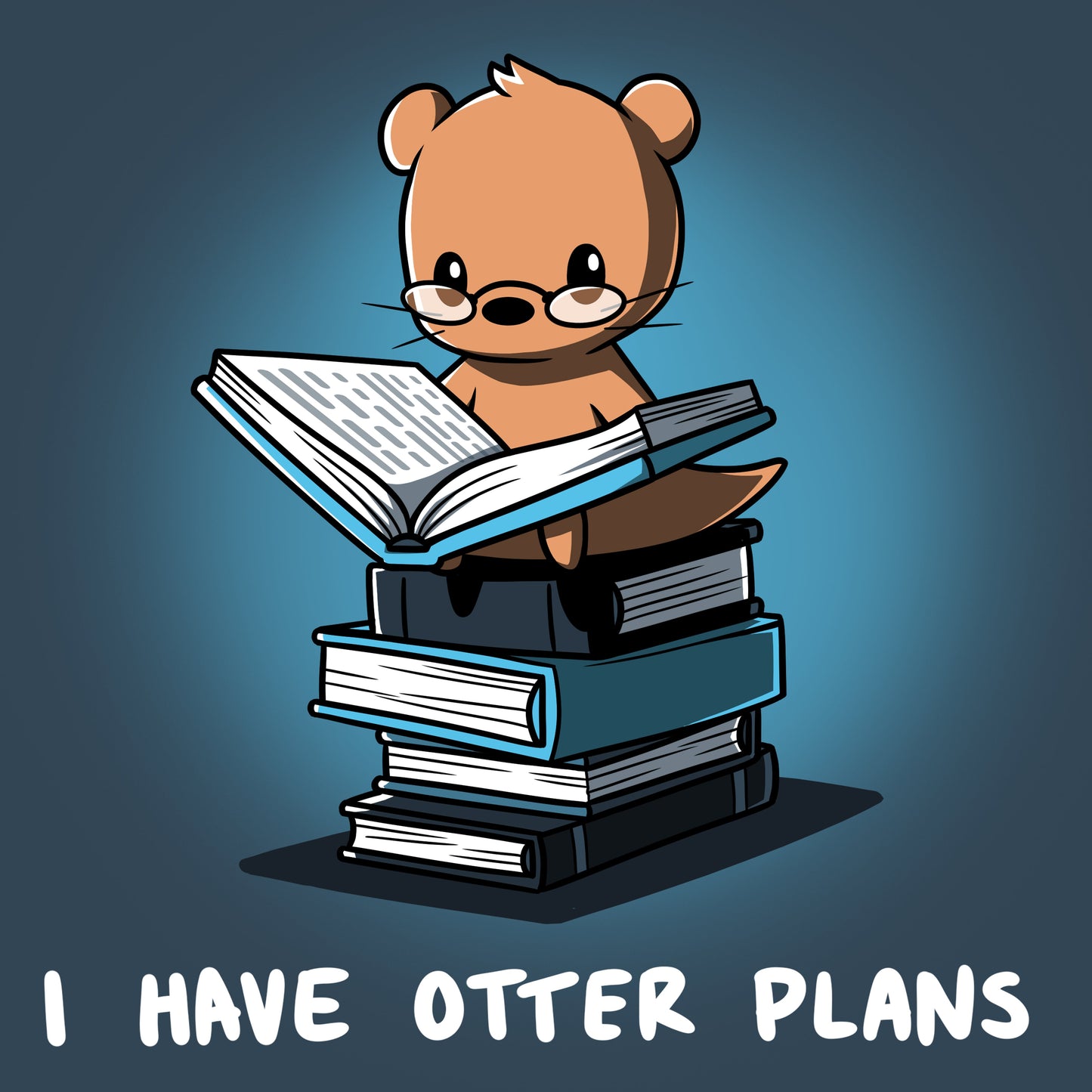 Premium Cotton T-shirt_Teeturtle I Have Otter Plans denim t-shirt featuring a studious-looking otter in reading glasses sitting on a pile of books while reading one with 'I Have Otter Plans' written below.