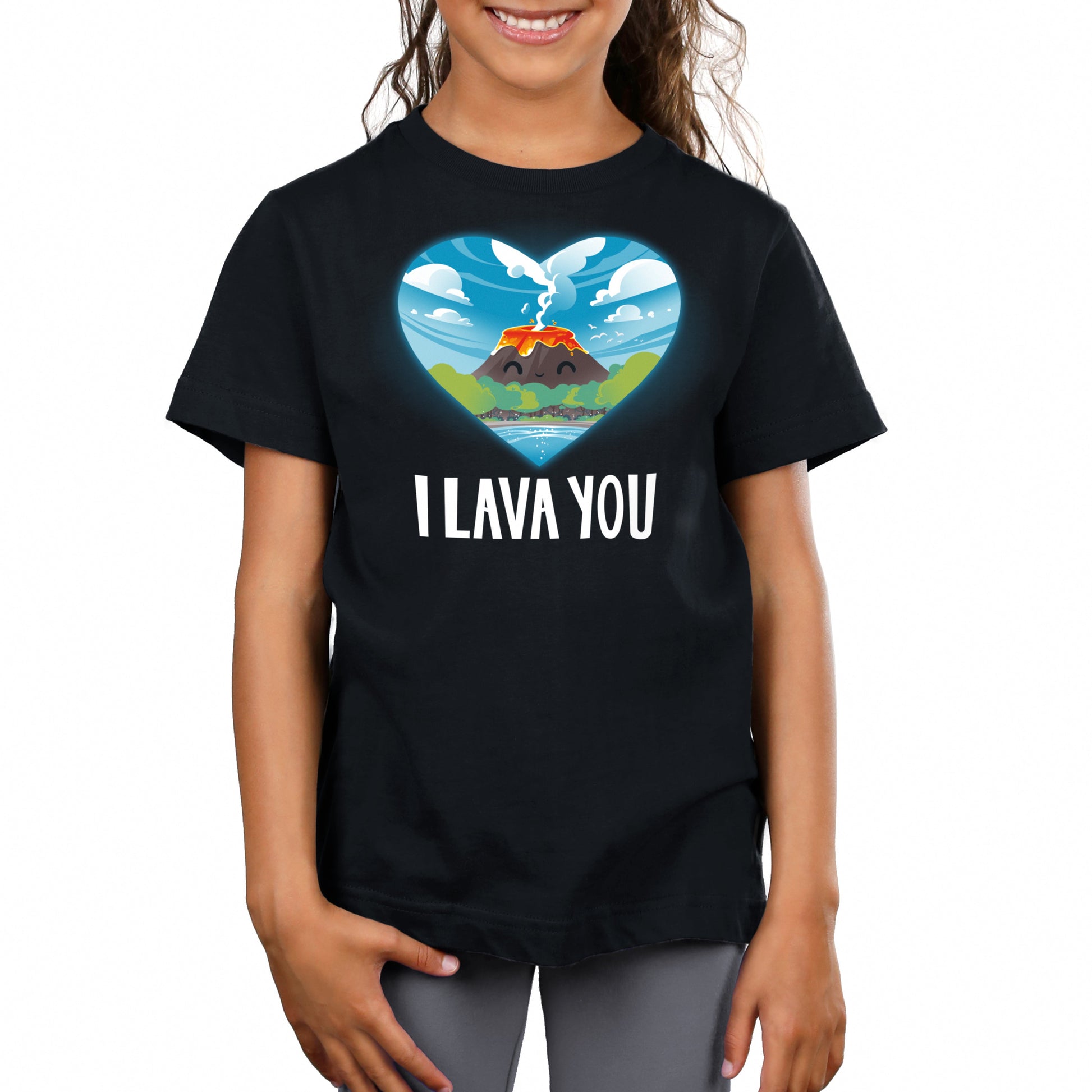 Premium Cotton T-shirt_An illustration of a smiling volcano with lava, surrounded by trees and water, inside a heart shape. The text below reads "I LAVA YOU." This I Lava You apparel by monsterdigital is made from super soft ringspun cotton for ultimate comfort. Suitable for everyone, it's the perfect unisex tee!