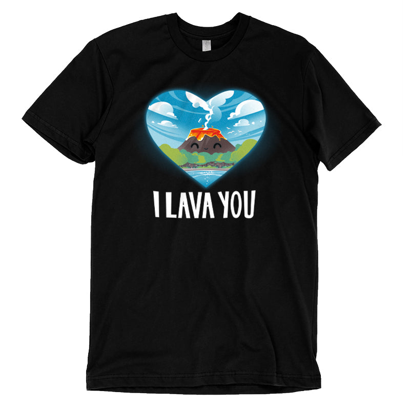 Premium Cotton T-shirt_An illustration of a smiling volcano with lava, surrounded by trees and water, inside a heart shape. The text below reads "I LAVA YOU." This I Lava You apparel by monsterdigital is made from super soft ringspun cotton for ultimate comfort. Suitable for everyone, it's the perfect unisex tee!