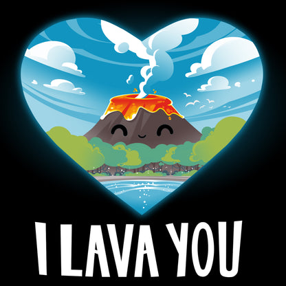 Premium Cotton T-shirt_An illustration of a smiling volcano with lava, surrounded by trees and water, inside a heart shape. The text below reads "I LAVA YOU." This I Lava You apparel by monsterdigital is made from super soft ringspun cotton for ultimate comfort. Suitable for everyone, it's the perfect unisex tee!