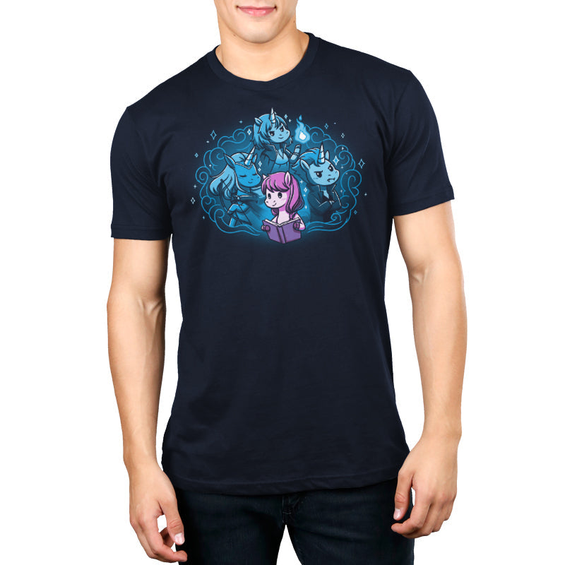 Premium Cotton T-shirt_Teeturtle I Love My Fictional Boyfriends navy blue t-shirt featuring a cute unicorn reading a book dreaming about their fictional boyfriends, an elf archer unicorn, a mage unicorn and a vampire unicorn.