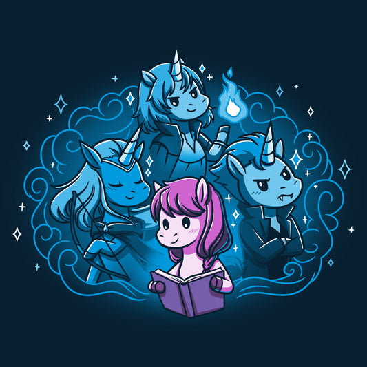 Premium Cotton T-shirt_Teeturtle I Love My Fictional Boyfriends navy blue t-shirt featuring a cute unicorn reading a book dreaming about their fictional boyfriends, an elf archer unicorn, a mage unicorn and a vampire unicorn.