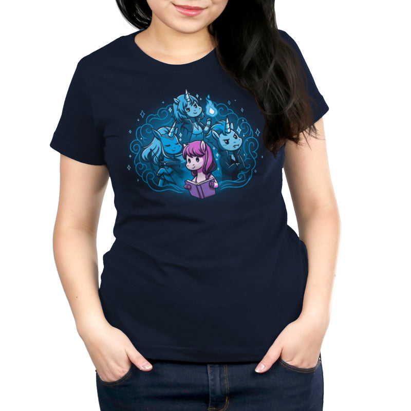 Premium Cotton T-shirt_Teeturtle I Love My Fictional Boyfriends navy blue t-shirt featuring a cute unicorn reading a book dreaming about their fictional boyfriends, an elf archer unicorn, a mage unicorn and a vampire unicorn.