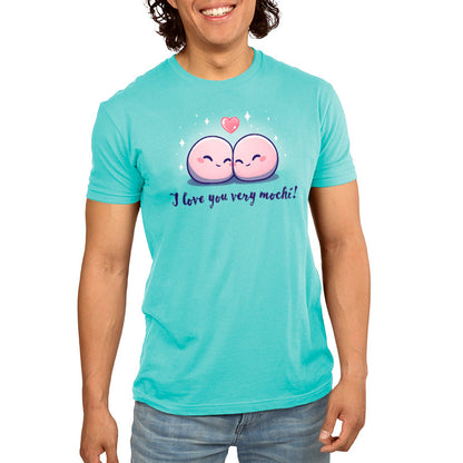 Premium Cotton T-shirt_Teeturtle I Love You Very Mochi! Caribbean Blue t-shirt Featuring a pair of cartoon Mochi balls cuddling amidst sparkles with a heart above them and the words 'I love you very Mochi.' written beneath.