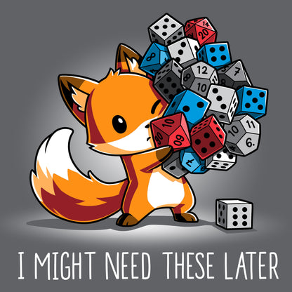 Premium Cotton T-shirt_TeeTurtle I Might Need These Later(Dice) charcoal grey t-shirt featuring a fox holding numerous colorful dice.