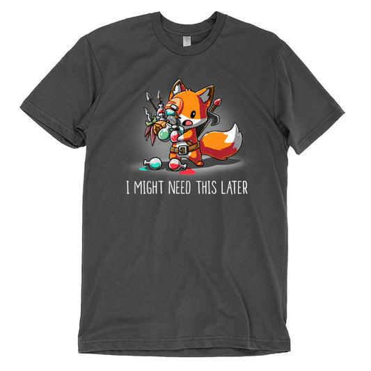 Premium Cotton T-shirt_TeeTurtle I Might Need This Later charcoal featuring a fantasy fox carrying multiple potions and arrows